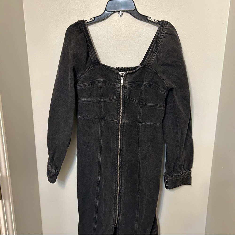 Future Collective Womens Washed Black Denim Zip Front Long Sleeve Midi Dress 8 - Picture 4 of 11